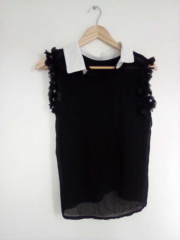 small women's black/ white collared vest/top