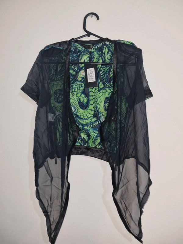 MEDIUM WOMENS BLACK/GREEN SHORTSLEEVED SHAWL