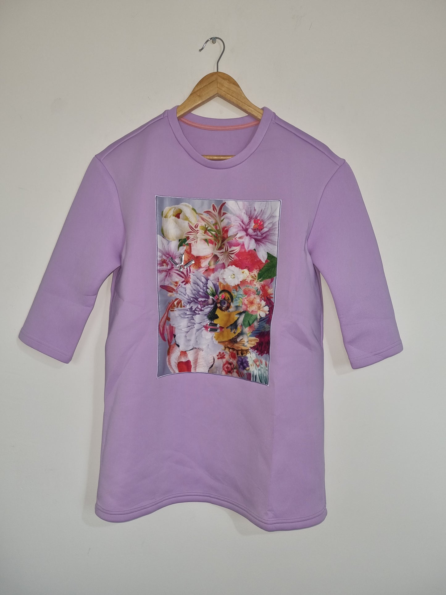 Women's Large Purple Floral Print Short Sleeved Sweater