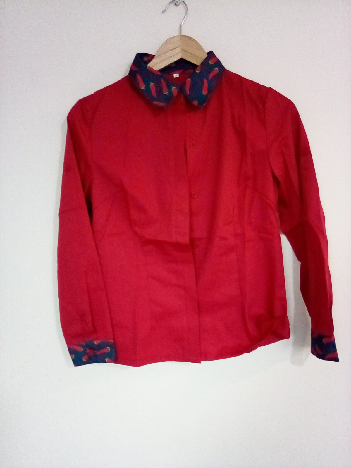 MENS RED SHIRT WITH CHILLI'S ON COLLAR AND CUFFS