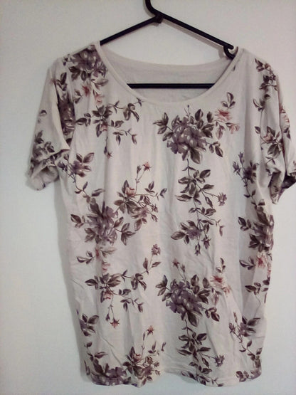 WOMENS LARGE CREAM/PURPLE FLORAL TOP