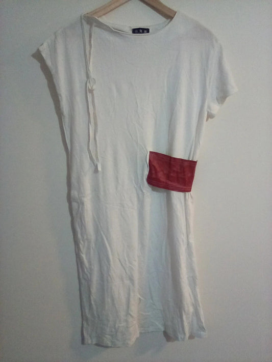 MEDIUM CREAM STYLISH DRESS WITH RED BAND
