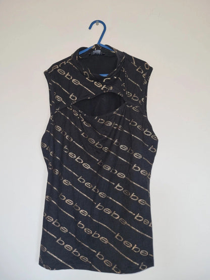 MEDIUM WOMENS BLACK/GOLD BEBE SLEEVELESS TOP