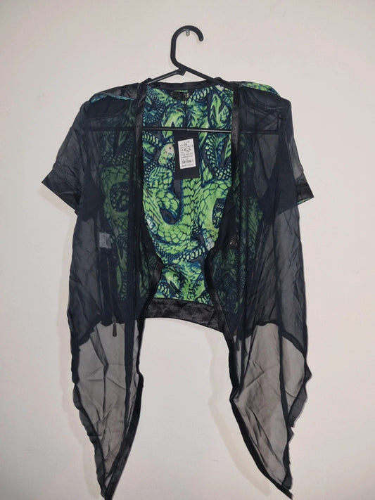 MEDIUM WOMENS BLACK/GREEN SHORTSLEEVED SHAWL