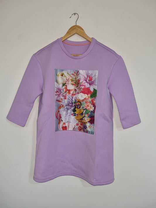 Women's Large Purple Floral Print Short Sleeved Sweater