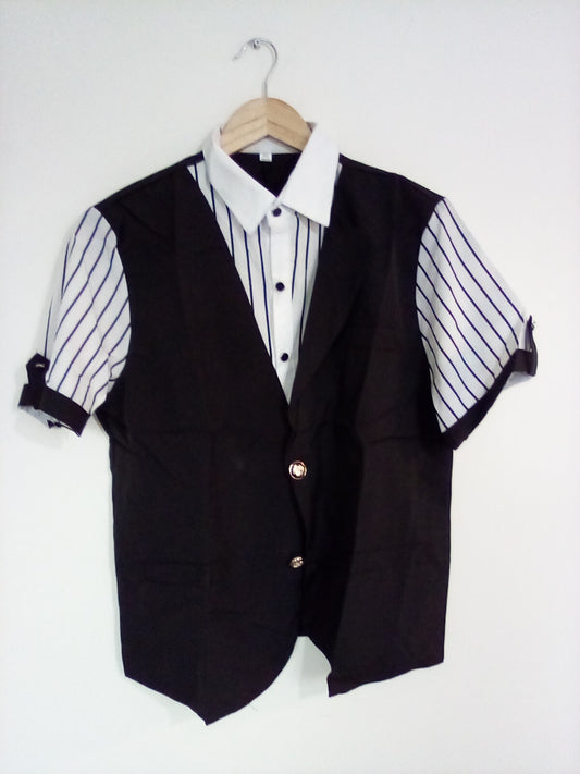 WHITE STRIPED BLOUSE WITH BLACK VEST